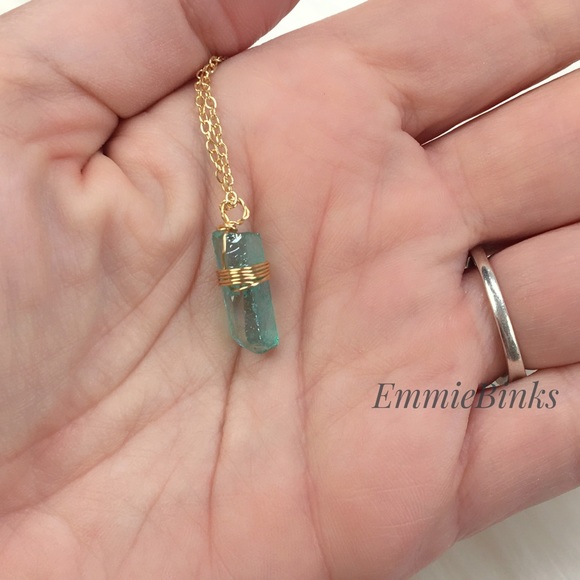New Vibrant Aqua Green Aura Quartz Crystal Gold Plated Necklace -Crystal Pendant - Picture 5 of 13